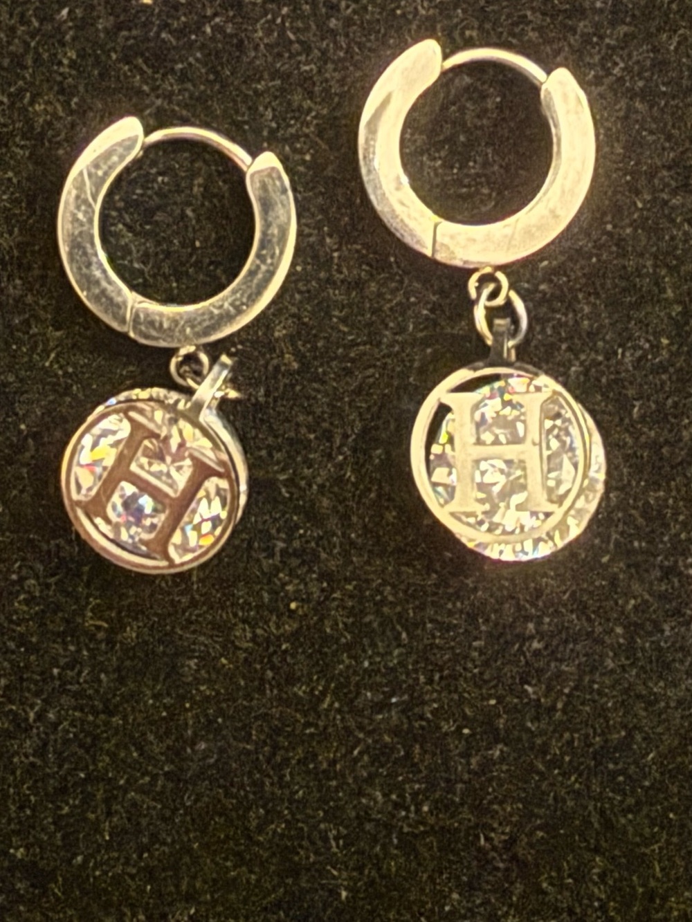 Silver Hoop Drop Earrings with Crystal H Monogram Charm